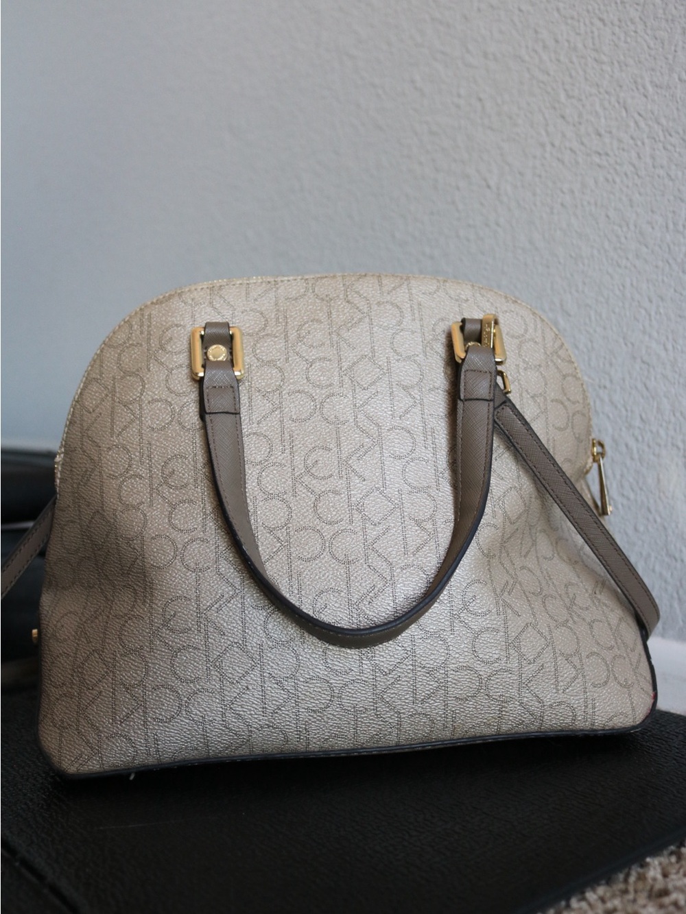 Calvin Klein Monogram Dome Satchel Crossbody Purse - Beige Taupe - Picture 4 of 16